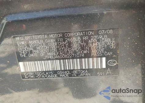 2008 Lexus Es 350 350 из США, поврежденный, VIN JTHBJ46G082271074